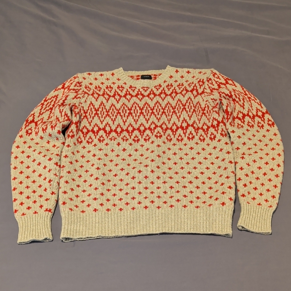 J. Crew Red and Cream Geometric Men's Sweater